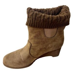 Muk Luks Women's Brown Wedge Booties Sweater Cuff Ankle Boots Size 10